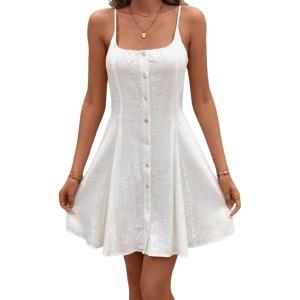 imageCHARTOU Women Sleeveless Linen Short Dress Cinched Waist Button Down Mini Elegant Party DressesWhite