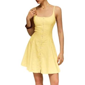 imageCHARTOU Women Sleeveless Linen Short Dress Cinched Waist Button Down Mini Elegant Party DressesYellow