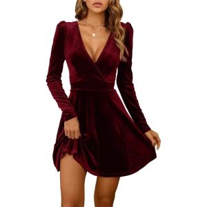 imageCHARTOU Womens Velvet VNeck Long Sleeve ALine Cocktail Party Skater DressBurgundy
