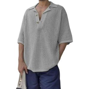 imageCHARTOU Men Casual Crochet Knit Polo Shirt Short Sleeve Collared T Shirt Summer Tees Fishnet ShirtGrey