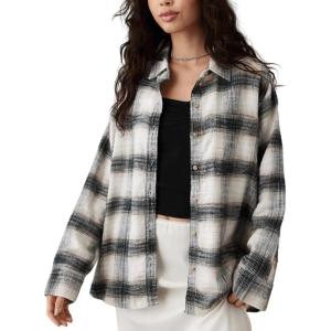 imageCHARTOU Women Baggy Plaid Blouses Button Down Long Sleeve Shirt Lightweight Cotton Collared Tops with PocketBlack