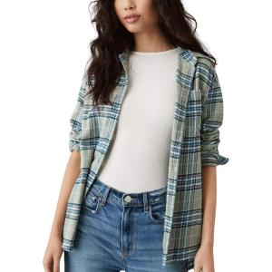 imageCHARTOU Women Baggy Plaid Blouses Button Down Long Sleeve Shirt Lightweight Cotton Collared Tops with PocketBlue Green