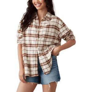 imageCHARTOU Women Baggy Plaid Blouses Button Down Long Sleeve Shirt Lightweight Cotton Collared Tops with PocketFaw