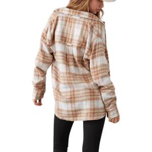 imageCHARTOU Women Baggy Plaid Blouses Button Down Long Sleeve Shirt Lightweight Cotton Collared Tops with PocketKhaki