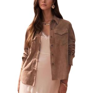 imageCHARTOU Women Fall Suede Jacket Casual Lapel Button Down Long Sleeve Shirt Jacket Cropped ShacketLight Brown