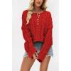 imageCHARTOU Women Chunky Cable Crop Sweater Pullover Casual Half Button Flared Long Sleeve Jumper TopsRed