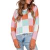 imageCHARTOU Cute Plaid Sweaters for Women Fall Crop Color Block Tops Checkered Loose Knit Pullovers OutwearPink