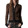 imageCHARTOU Women Leopard Zip Up Cardigan Color Block Slim Fit Open Front Sweater CoatsBrown