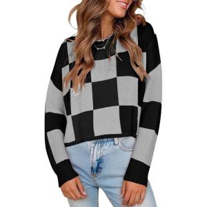 imageCHARTOU Cute Plaid Sweaters for Women Fall Crop Color Block Tops Checkered Loose Knit Pullovers OutwearBlack
