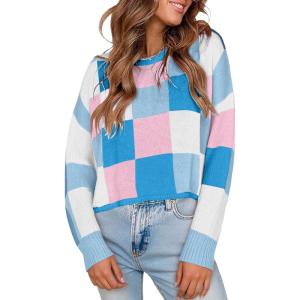 imageCHARTOU Cute Plaid Sweaters for Women Fall Crop Color Block Tops Checkered Loose Knit Pullovers OutwearBlue