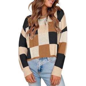 imageCHARTOU Cute Plaid Sweaters for Women Fall Crop Color Block Tops Checkered Loose Knit Pullovers OutwearBrown