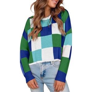 imageCHARTOU Cute Plaid Sweaters for Women Fall Crop Color Block Tops Checkered Loose Knit Pullovers OutwearGreen
