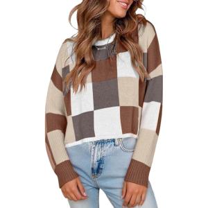 imageCHARTOU Cute Plaid Sweaters for Women Fall Crop Color Block Tops Checkered Loose Knit Pullovers OutwearKhaki