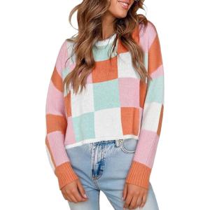 imageCHARTOU Cute Plaid Sweaters for Women Fall Crop Color Block Tops Checkered Loose Knit Pullovers OutwearPink