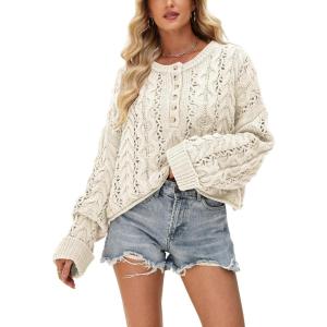 imageCHARTOU Women Chunky Cable Crop Sweater Pullover Casual Half Button Flared Long Sleeve Jumper TopsApricot