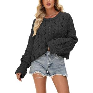 imageCHARTOU Women Chunky Cable Crop Sweater Pullover Casual Half Button Flared Long Sleeve Jumper TopsBlack