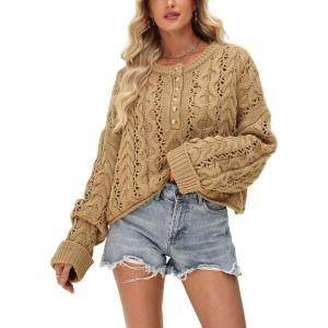 imageCHARTOU Women Chunky Cable Crop Sweater Pullover Casual Half Button Flared Long Sleeve Jumper TopsKhaki