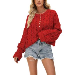 imageCHARTOU Women Chunky Cable Crop Sweater Pullover Casual Half Button Flared Long Sleeve Jumper TopsRed
