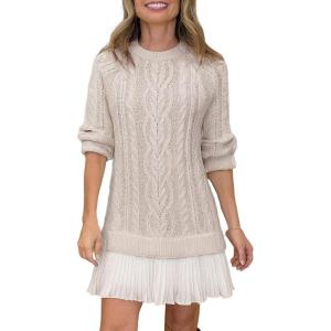 imageCHARTOU Women Chunky Cable Pullover Sweater Dress Fall Winter Lace Patchwork Long Sleeve Jumper Knit SweaterApricot