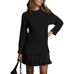 imageCHARTOU Women Chunky Cable Pullover Sweater Dress Fall Winter Lace Patchwork Long Sleeve Jumper Knit SweaterBlack