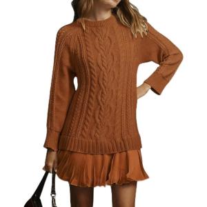 imageCHARTOU Women Chunky Cable Pullover Sweater Dress Fall Winter Lace Patchwork Long Sleeve Jumper Knit SweaterDark Brown