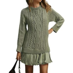 imageCHARTOU Women Chunky Cable Pullover Sweater Dress Fall Winter Lace Patchwork Long Sleeve Jumper Knit SweaterGreen