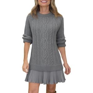 imageCHARTOU Women Chunky Cable Pullover Sweater Dress Fall Winter Lace Patchwork Long Sleeve Jumper Knit SweaterGrey