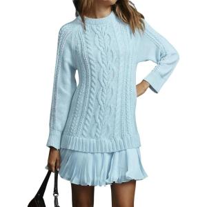imageCHARTOU Women Chunky Cable Pullover Sweater Dress Fall Winter Lace Patchwork Long Sleeve Jumper Knit SweaterLight Blue