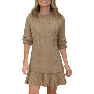 imageCHARTOU Women Chunky Cable Pullover Sweater Dress Fall Winter Lace Patchwork Long Sleeve Jumper Knit SweaterLight Brown