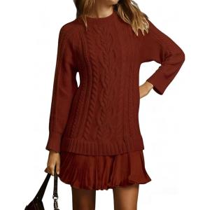 imageCHARTOU Women Chunky Cable Pullover Sweater Dress Fall Winter Lace Patchwork Long Sleeve Jumper Knit SweaterMahogany