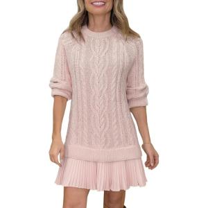 imageCHARTOU Women Chunky Cable Pullover Sweater Dress Fall Winter Lace Patchwork Long Sleeve Jumper Knit SweaterPink