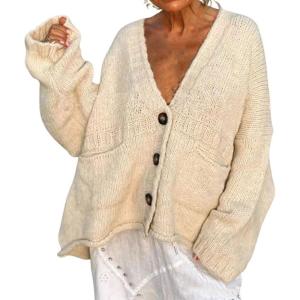 imageCHARTOU Women Oversized Cardigan Sweater Button Down V Neck Loose Fall Sweater with PocketsApricot