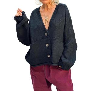 imageCHARTOU Women Oversized Cardigan Sweater Button Down V Neck Loose Fall Sweater with PocketsBlack