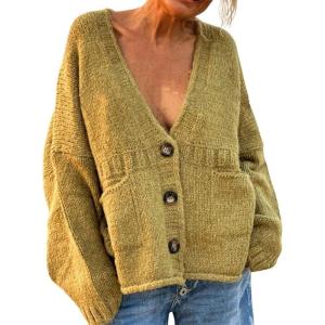 imageCHARTOU Women Oversized Cardigan Sweater Button Down V Neck Loose Fall Sweater with PocketsGreen