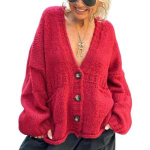 imageCHARTOU Women Oversized Cardigan Sweater Button Down V Neck Loose Fall Sweater with PocketsRed