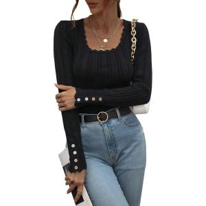 imageCHARTOU Womens Fall Fashion Lightweight Slim Scalloped Scoop Neck Knit Pullover SweaterBlack