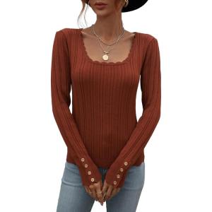 imageCHARTOU Womens Fall Fashion Lightweight Slim Scalloped Scoop Neck Knit Pullover SweaterBrown