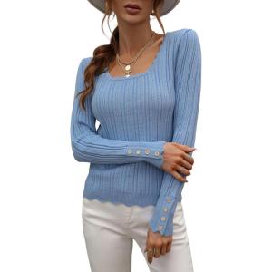 imageCHARTOU Womens Fall Fashion Lightweight Slim Scalloped Scoop Neck Knit Pullover SweaterLight Blue