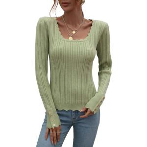 imageCHARTOU Womens Fall Fashion Lightweight Slim Scalloped Scoop Neck Knit Pullover SweaterLight Green
