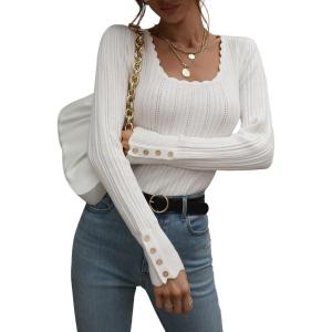 imageCHARTOU Womens Fall Fashion Lightweight Slim Scalloped Scoop Neck Knit Pullover SweaterWhite