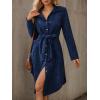 imageCHARTOU Women Fall Corduroy Midi Dress V Neck Button Down Long Sleeve Shirt Dress with BeltNavy