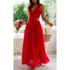 imageCHARTOU Womens Long Drop Waist Ruched Summer Party Dress Flowy V Neck Cut Out Pleated Ladies DressesRed