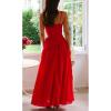 imageCHARTOU Womens Long Drop Waist Ruched Summer Party Dress Flowy V Neck Cut Out Pleated Ladies DressesRed