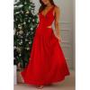 imageCHARTOU Womens Long Drop Waist Ruched Summer Party Dress Flowy V Neck Cut Out Pleated Ladies DressesRed