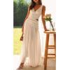 imageCHARTOU Womens Long Drop Waist Ruched Summer Party Dress Flowy V Neck Cut Out Pleated Ladies DressesWhite