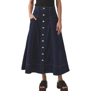 imageCHARTOU Women Long Jean Skirt Front Buttons High Waist Zip Up Patchwork A Line Midi Denim Skirt with Big HemDark Blue