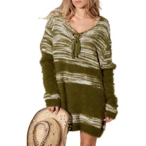 imageCHARTOU Womens Fall Fashion Knit Midi Dress V Neck Front Tie Mixed Stitch Fuzzy Sweater DressArmy