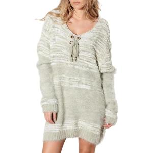 imageCHARTOU Womens Fall Fashion Knit Midi Dress V Neck Front Tie Mixed Stitch Fuzzy Sweater DressLight Green