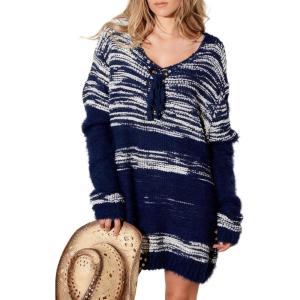 imageCHARTOU Womens Fall Fashion Knit Midi Dress V Neck Front Tie Mixed Stitch Fuzzy Sweater DressNavy