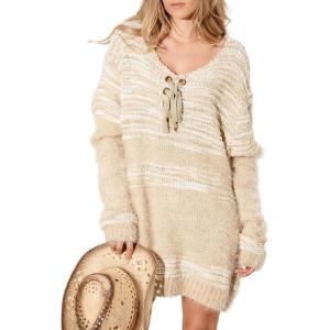 imageCHARTOU Womens Fall Fashion Knit Midi Dress V Neck Front Tie Mixed Stitch Fuzzy Sweater DressOatmeal